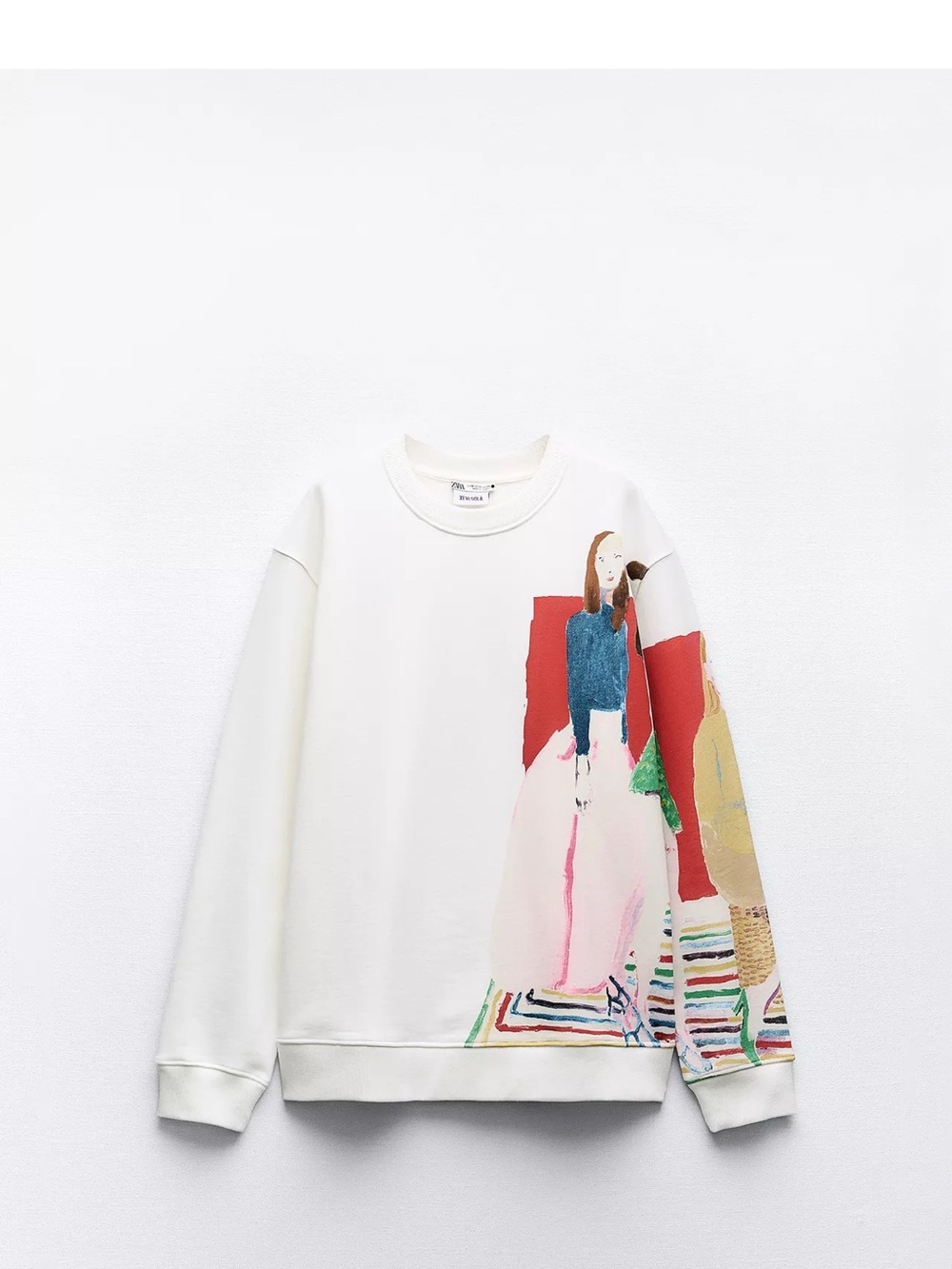 Zara Cream Crewneck Sweatshirt with Multicolor Illustration